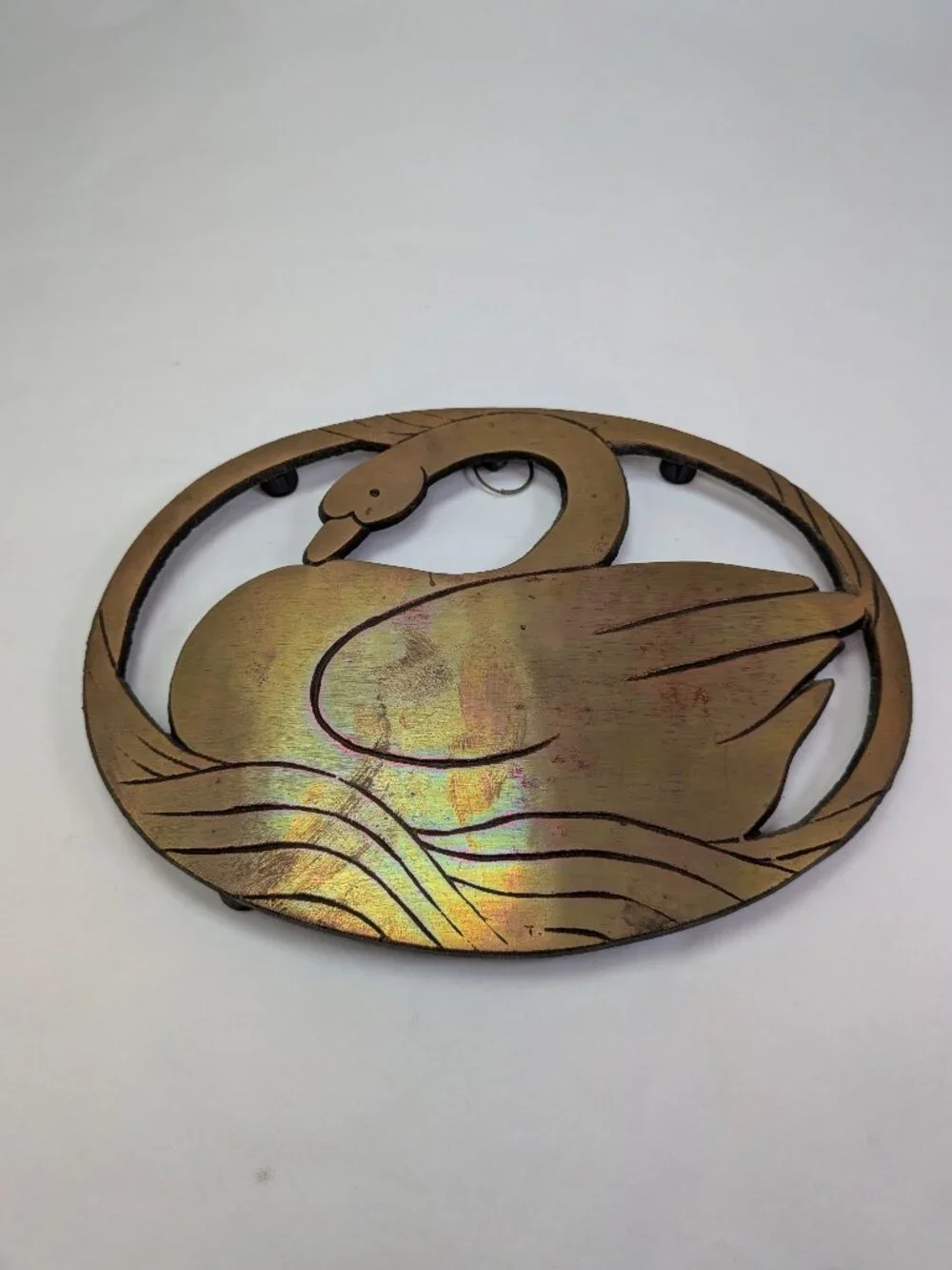 Vintage Solid Copper Swan Trivet Iridescent Rainbow Patina Wall Hanging